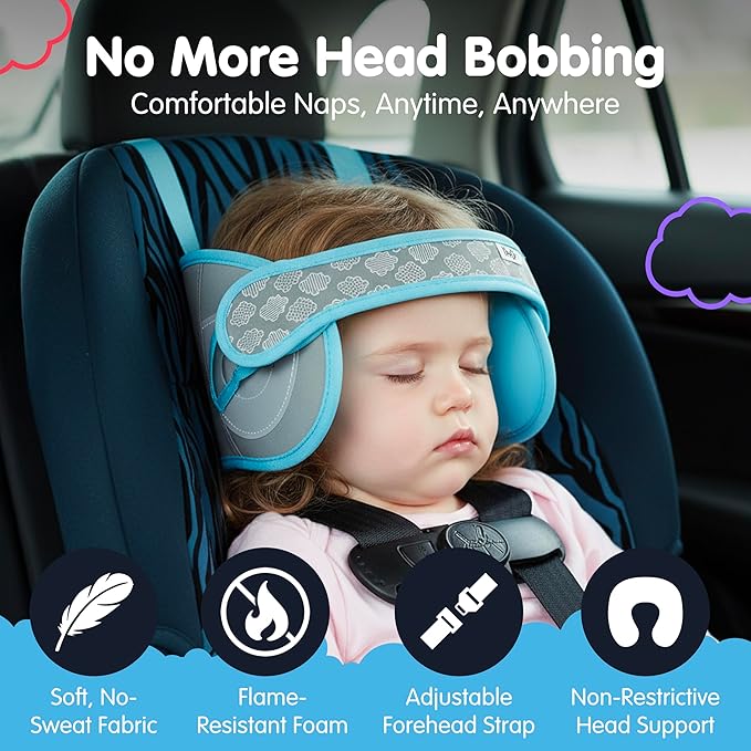 NapUp Adjustable Head Support for Car Seat – Patented & Crash-Tested Anti-Bobbing Head Holder Strap, Comfortable Sleep Solution - Breathable Fabric, Kids Travel Accessories - Ages 2+ - Light Blue