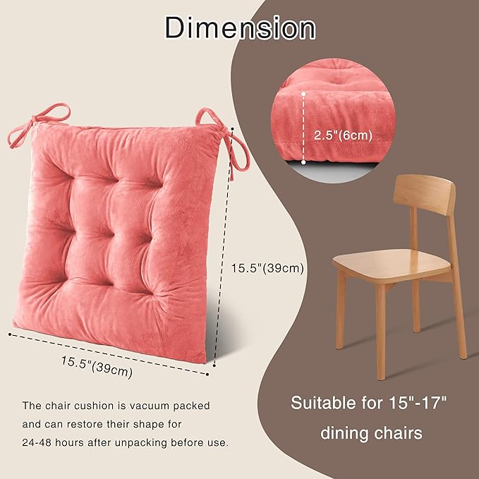 OVOV 2 Pack Chair Cushions for Dining Chairs Soft Seat Cushions for Kitchen Desk Chairs Square Chair Pads with Ties (15.5"x15.5" Pink)