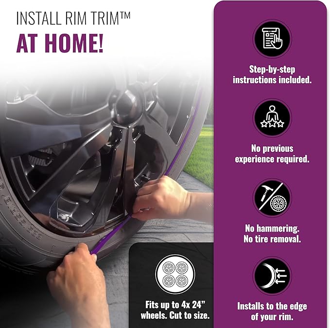 All-Fit Automotive Rim Trim – Durable DIY Car Exterior Accessories for Curb Rash Protection – Fits Up to Four 24” Wheels – Flexible, Durable Wheel Rim Protector (3/8″ Width/Purple)