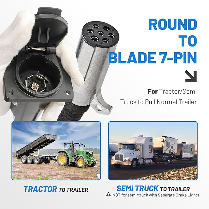 MECMO 7 Pin Round to 7 Pin Flat Adapter for Tractor Towing, 7 Pole Round to 7 Way RV Blade Trailer Connector Plug, SAE J560 Trailer Wiring Harness Adapter for Semi Truck Tractors Commercial Vehicle
