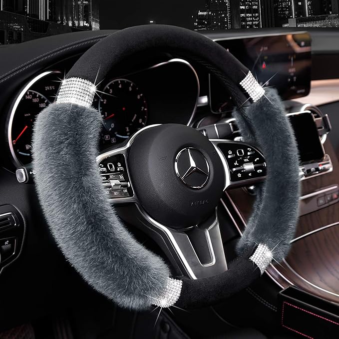 Achiou Rhinestone Fluffy Steering Wheel Cover - Comfortable Non-Slip Luxury Faux Wool, Universal Fit for 14.5" to 15" Steering Wheels