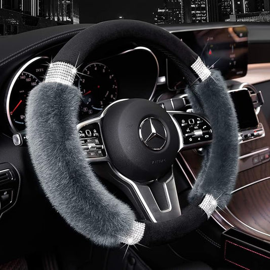 Achiou Rhinestone Fluffy Steering Wheel Cover - Comfortable Non-Slip Luxury Faux Wool, Universal Fit for 14.5" to 15" Steering Wheels