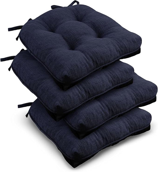 downluxe Indoor Chair Cushions for Dining Chairs, Tufted Overstuffed Textured Foam Kitchen Chair Pads with Ties and Non-Slip Backing, 15.5" x 15.5" x 4", Navy, 4 Pack
