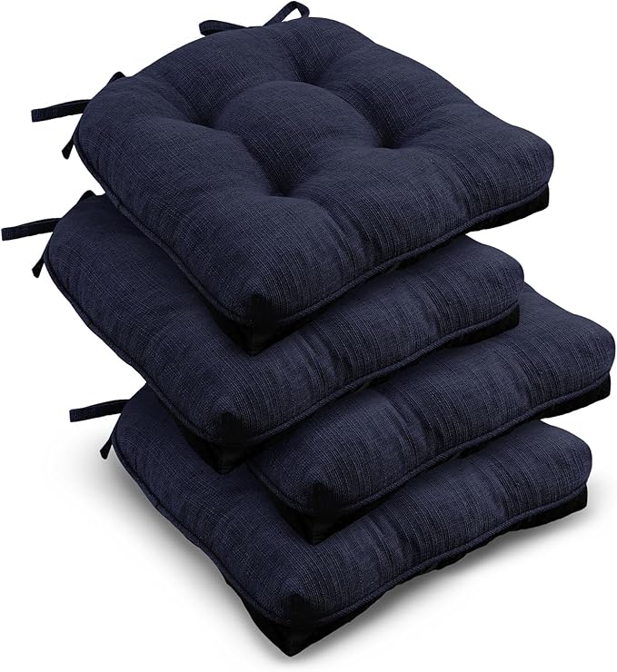 downluxe Indoor Chair Cushions for Dining Chairs, Tufted Overstuffed Textured Kitchen Chair Pads with Ties and Non-Slip Backing, 16.5" x 16.5" x 4", Navy, 4 Pack