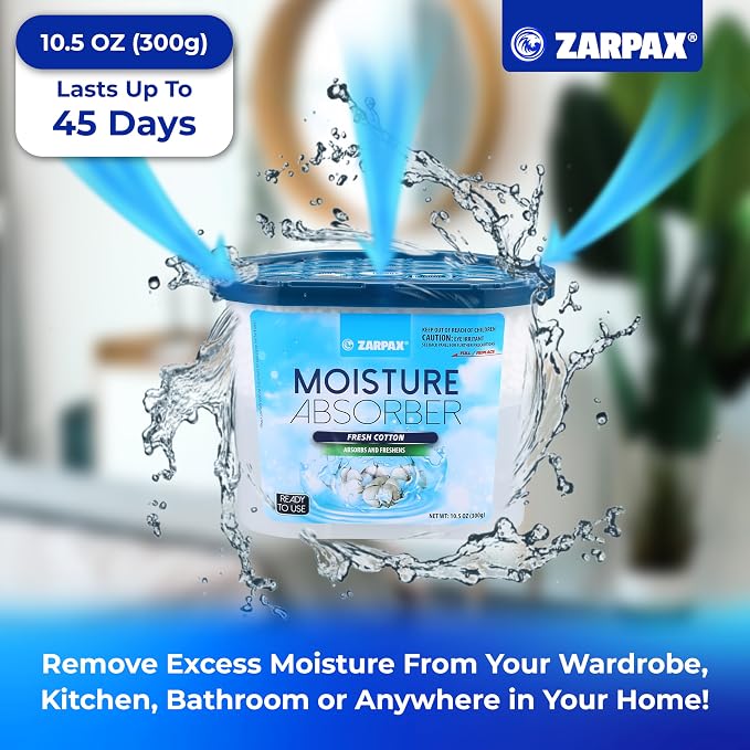 ZARPAX Moisture Absorber Fresh Cotton 10.5 oz/300g | Removes Moisture, Damp & Humidity | Odor Absorber With Fresh Cotton Fragrance | Moisture Trap for Bathroom, Closet, Kitchen | Set of 6