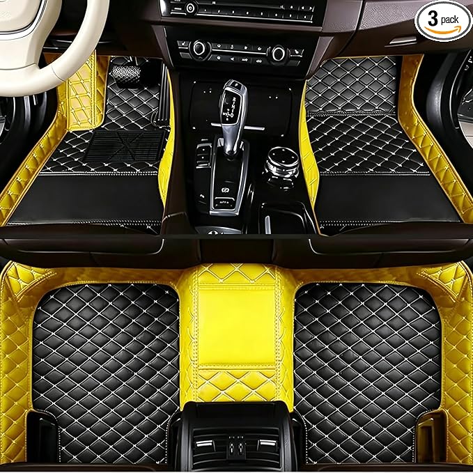 3D Custom Fit Car Floor Mats Leather, All-Weather Heavy Duty Interior Liners with Custom Text Patch, Anti-Slip Durable Automotive Accessories for SUV Sedan Truck(Yellow+Black)