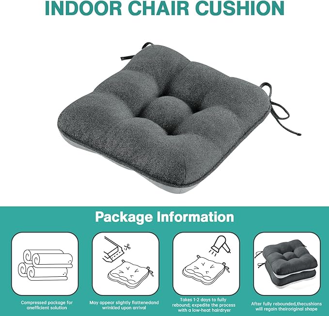 BETU Chair Cushions for Dining Chairs Set of 6,3.5" Thick Kitchen Table Chair Pads with Ties,Non Slip Backing and Covers, Seat Cushion for Dining Room,Bar,Patio Chairs,15.5"X15.5"X3.5",Dark Grey