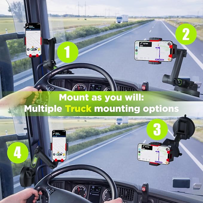 Cell Phone Mount for Truck Phone Holder for Truck Drivers - Heavy Duty Suction Cup + Dashboard Pad, iPhone Holder for Dashboard Window 16.9 inch Long, for iPhone & Samsung, Semi Trucker, Red