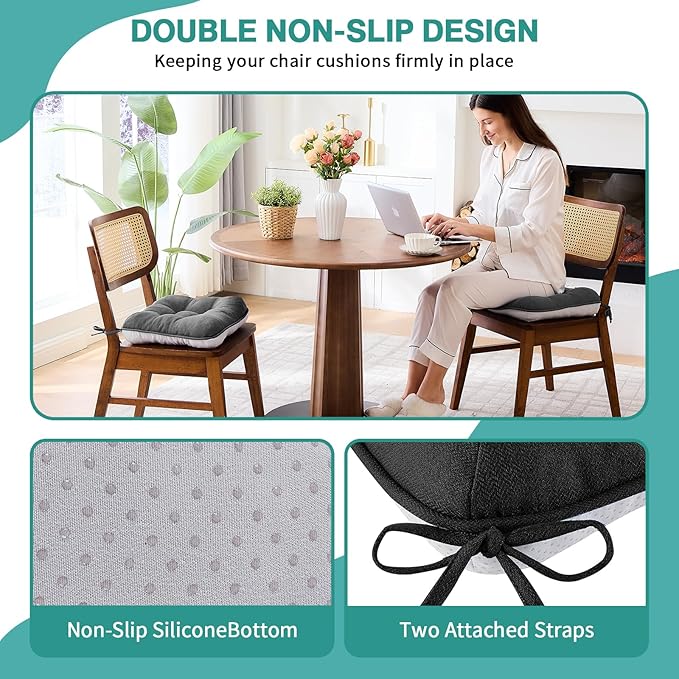 BETU Black Chair Cushions for Dining Chairs Set of 6,3.5" Thick Kitchen Table Chair Pads with Ties,Non Slip Backing and Covers,Seat Cushion for Dining Room,Bar,Patio Chairs,15.5"X15.5"X3.5",Black