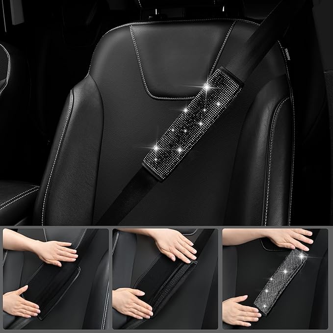 CAR PASS Bling Diamond Leather Car Seat Covers 11 PCS, Sparkly Rhinestone Steering Wheel Cover Glitter Cute Interior Car Accessories Sets Seat Belt Cushion Cup Holder Coaster Women Girl, Black Diamond