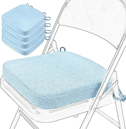 SINOSSO Memory Foam Chair Cushions for Folding Chairs 4 Pack, Thickened 2" Square Pads with Ties for Kitchen Chairs, Indoor Non-Slip Dining Chair Seat Cushions (Set of 4, Water Blue)