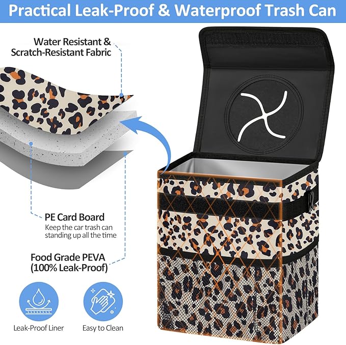 ELONGRIVER Car Trash Can Bin for Back Seat Leak Proof, Cute Car Trash Bag Hanging, Vehicle Trash Can for SUV Truck Van, Automotive Garbage Cans Front Seat Leopard Print, 2 Gallons