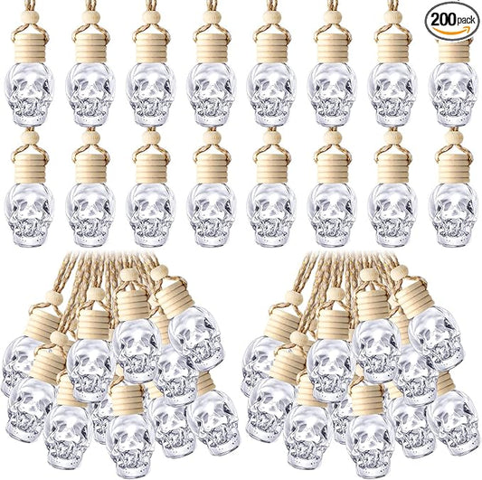 BBTO 200 Pcs Hanging Car Diffuser Bottles Bulk, Empty Clear Glass Air Freshener Bottles with Wooden Cap for Perfume Essential Oils Fragrance Aromatherapy Ornament(Skull)