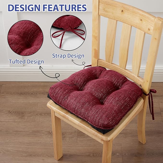 IPYNBAP Chair Cushions for Dining Chairs Set of 6, Red Kitchen Chair Cushions, Chair Pads with Ties and Non Slip Backing, Christmas Room Decor, Tufted Memory Foam Seat Cushion 6 Pack, 15.5"x15.5"x4"