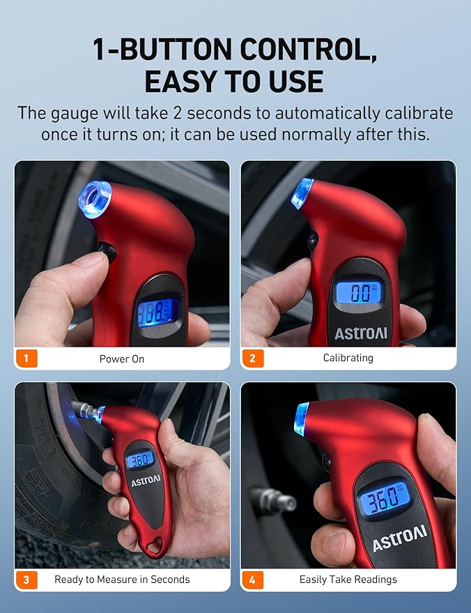 AstroAI Digital Tire Pressure Gauge 0-150PSI, Accurate in 0.1 Increments, Backlit LCD and Presta Valve Adaptor Included, 4 Units of Measurement for Car Truck Bicycle, Red