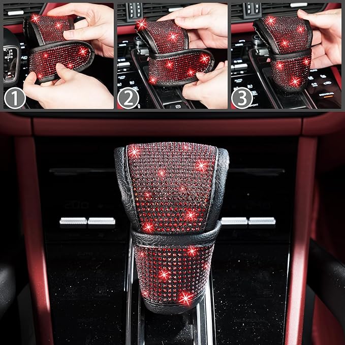 NBTEPEM 8 pcs Red Bling Car Accessories Set for Women, Steering Wheel Cover, Sparkly Seat Belt Covers, Bling Gear Shift Cover, Universal Fit Most Cars (Red Diamond)