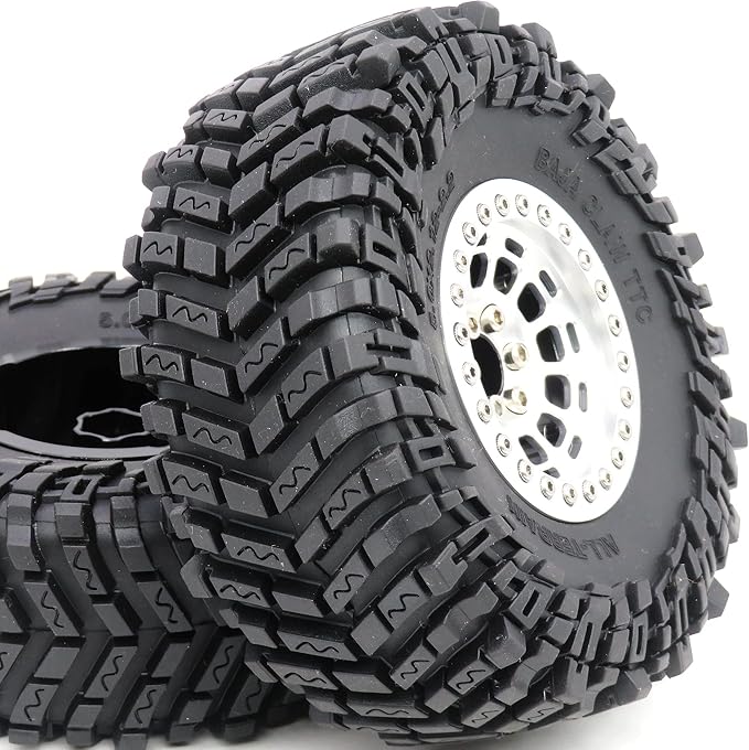 HOBBYSOUL 2.2 Tires Height 5.0'' (with Foam) & 2.2 Beadlock Wheels Silver for RC Mud Crawler Trail Gen8 Everest gen 7 Pro/Axial Capra Wraith / TRX4, (4-Pack, Assembled)