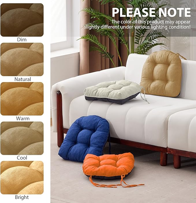 IASEAHK Chair Cushions for Dining Chairs, Seat Cushions for Kitchen Chairs, Indoor Seat Cushions with Ties, Tufted Foam Chair Pads, Non Slip Chair Cushions Set of 4, 15.5" x 15.5" x 4", Khaki