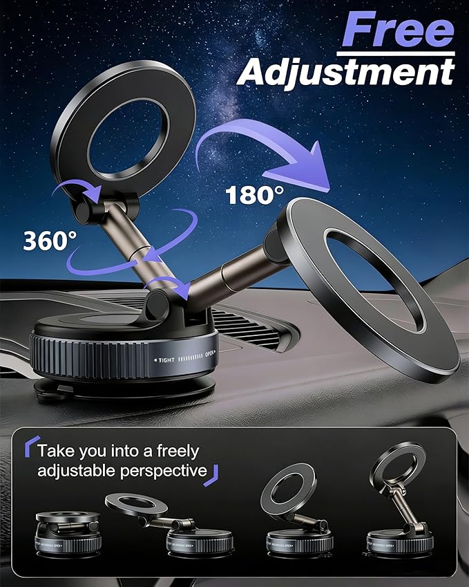 Vacuum Magnetic Car Phone Holder, 2800gf Strong Magnet 360° Rotatable Suction Cup Mount for Dashboard Windshield Rearview Mirror, Universal MagSafe Car Mount for iPhone Android, Black