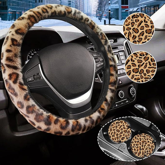 Brown Leopard Print Fuzzy Steering Wheel Cover for Women, Universal Auto Steering Wheel 14-15 Inch Soft Warm Car Interior Accessories with 2PCS Car Coasters, Suitable for Men and Women
