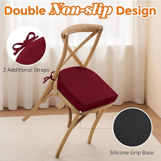 downluxe Chair Cushions for Dining Chairs, Memory Foam Linen Kitchen Chair Pads with Ties, Waterproof, Stain-Resistant and Washable Cover, 17" x 16" x 2.5", Red, 4 Pack
