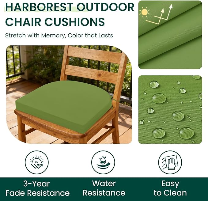 HARBOREST Outdoor Chair Cushions Set of 6, Water Resistant Patio Chair Cushions with Ties, Outdoor Seat Cushions for Patio Furniture, 17"x16"x2", Grass Green