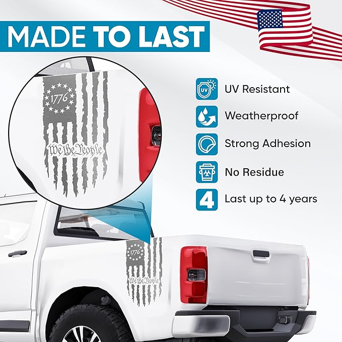 GRITKULTURE We The People Distressed American Flag Decal Vinyl for Trucks, Cars, Tailgate, Windows Preamble of The US Constitution fits Most Pickup Trucks-Rear USA Flag Car Sticker (Reflective Silver)