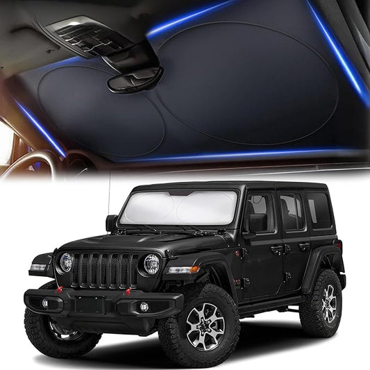 Jeep Windshield Sun Shade - 280T Thickened Material, X-Small (60" x 21"), Windshield Sun Visor Keeps Car Interior Cool, UV Heat and Dashboard Protects, fits with Wrangler, Gladiator and Rubicon