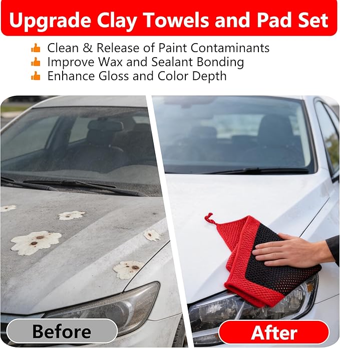 Upgrade Clay Towels and Pad Set 4PCS - Perforated Synthetic Decontamination Towel for Car Detailing, Cleaning & Release of Paint Contaminants, 3pcs Clay Bar Towels 12x12 Red, & 1pcs Red Pad