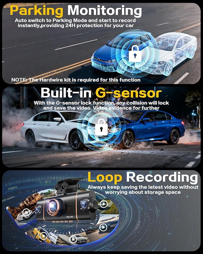 4 Channel 360° Dash Cam Front Rear Inside and Left Right, 4K+1080P*3 FHD Car Camera, 5GHz WiFi and App Control, 24H Parking Mode, 8 IR Lamps Night Vision, Includes 64GB SD Card, Black