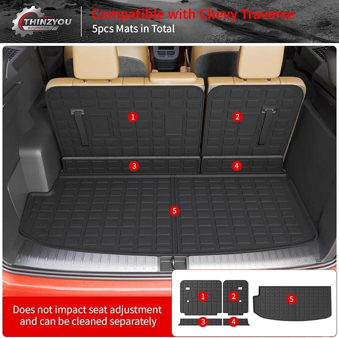 Cargo Mat Compatible with 2018-2023 (Fit 2024 Traverse Limited) Chevrolet Traverse Cargo Liner Trunk Liner Back Seat Cover Protector 2023 Chevy Traverse Accessories (Trunk Mat+Backrest Mats)