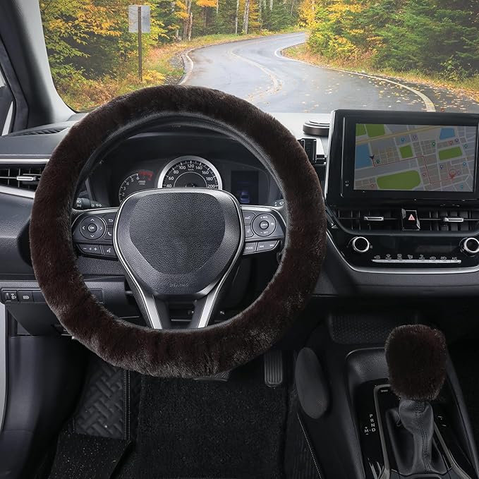 SEG Direct Furry Car Steering Wheel Cover with Gear Shift Cover, Soft and Warm, Cute Fluffy Auto Decor for Women Men, Standard Size, 2 PCS Set, Coffee Brown