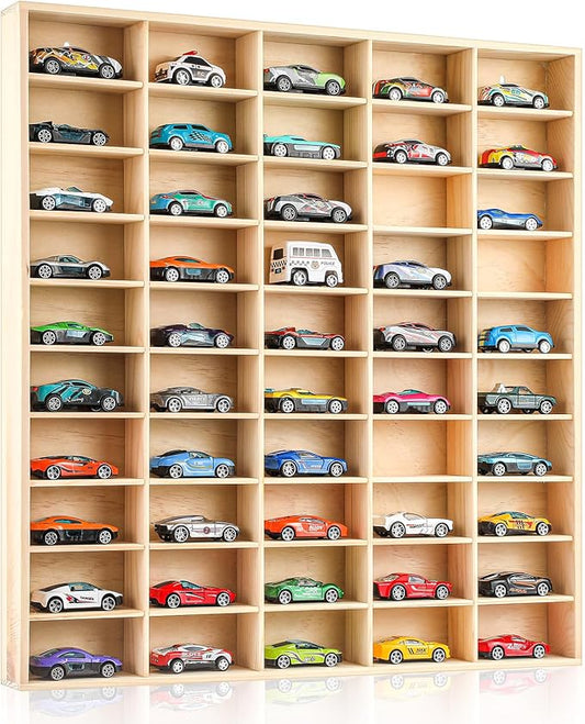 Seenelling Hot 1/64 Diecast Wheels Display Case Holds Toy Cars Wooden Wall Mount Car Display Shelf Storage Organizer Case for Toy Collectibles, Wheel, Model, 10 Layers (50 Spaces)