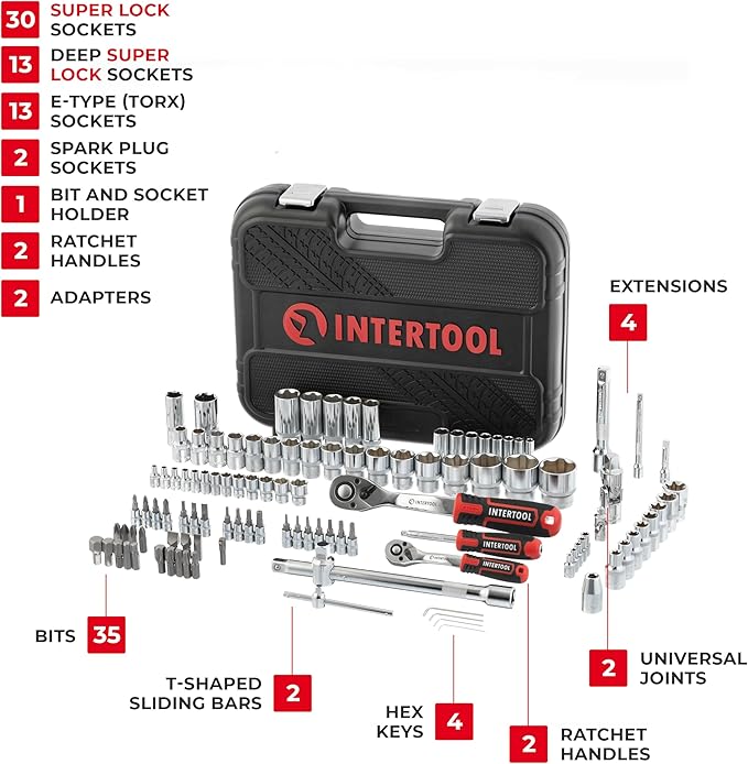 INTERTOOL Metric Socket Set Super Lock, 1/4-inch & 1/2-inch Drive, 110-Piece, Quick Release Ratchets, Extensions, Adapters, Bits, Screwdriver, Metal Latch Hard Case, Tool Gift, ET08-8110