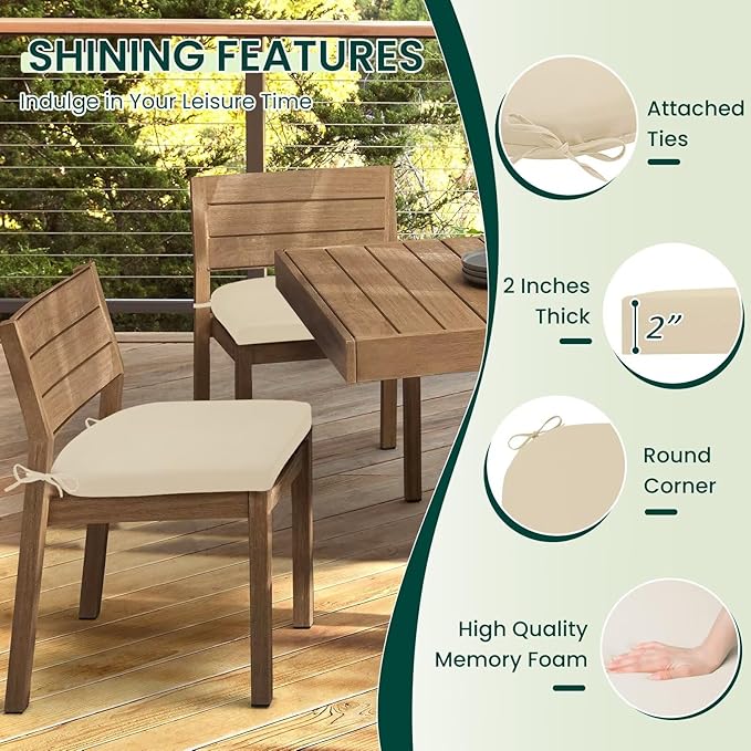 HARBOREST Outdoor Chair Cushions Set of 2, Water Resistant Patio Chair Cushions with Ties, Outdoor Seat Cushions for Patio Furniture, 17"x16"x2", Beige