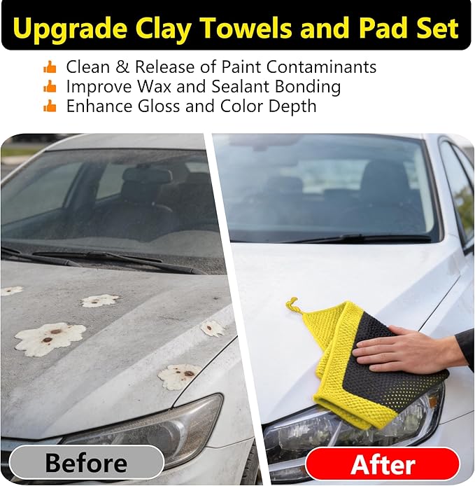 Upgrade Clay Towels and Pad Set 5PCS - Perforated Synthetic Decontamination Towel for Car Detailing, Cleaning & Release of Paint Contaminants, 4pcs Clay Bar Towels 12x12 Yellow, & 1pcs Red Pad