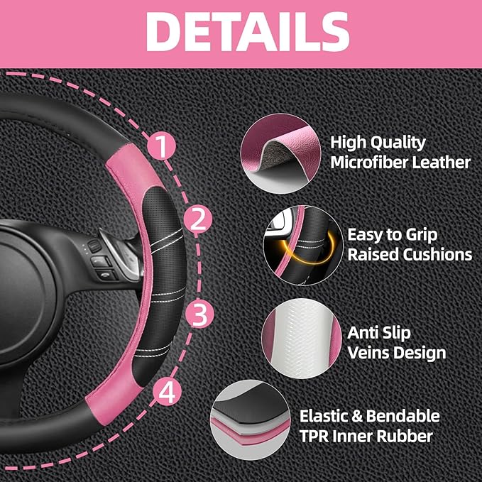 NBTEPEM 6 Pcs Pink Car Accessories Set, Sport Leather Steering Wheel Cover 14.5-15inch Universal, Microfiber Leather Car Center Console Cover, Seat Belt Cushion, Cup Holder Coaster (Black-Pink)