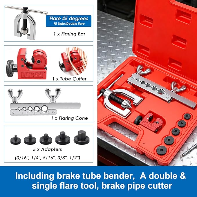 smseace 112Pack 3/16 Inch+1/4 Inch Double & Single Brake Line Flaring Tool Kit include 25 FT Copper-plated Brake Lines with Fittings,Union,Tubing Bender,Flare Tool,Cutter Brake Line Repair Kit