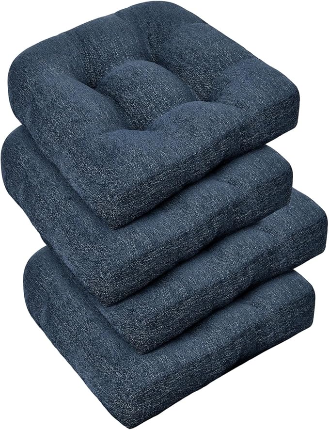 downluxe Chair Cushions for Dining Chairs 4 Pack, Tufted Indoor Chair Pads with Non-Slip Bottom, U-Shaped Kitchen Chair Cushions, 18"x18"x4", Navy