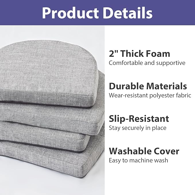 IPYNBAP Chair Cushions for Dining Chairs, Kitchen Chair Cushions, 16'' x 16'' x 2'', Non Slip Indoor Seat Cushions, Chair Pads for Dining Chairs with Ties & Removable Cover, Set of 4, Light Grey
