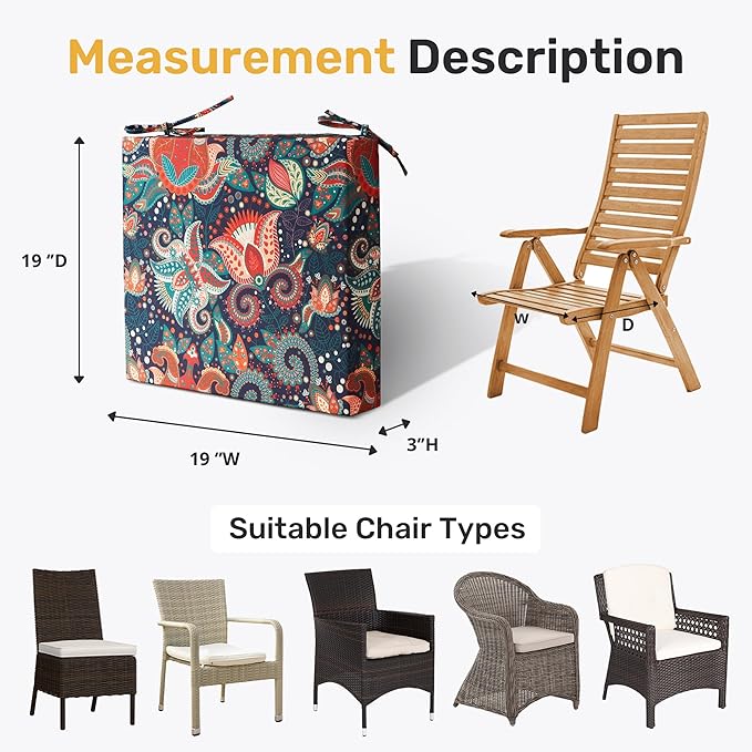 UNIKOME Outdoor Chair Cushions Pack of 4, Water Resistant Patio Cushions with Ties, High Density Sponge Filling Square Corner Seat Cushions for Outdoor Furniture, 19"*19"*3", Boho