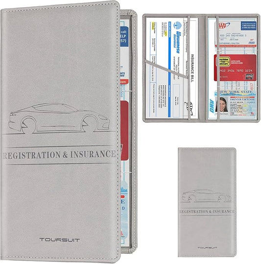 TOURSUIT Car Registration and Insurance Card Holder, Vehicle License Document Glove Box Compartment Organizer, Interior Car Accessories for Women Men Teens (Grey)