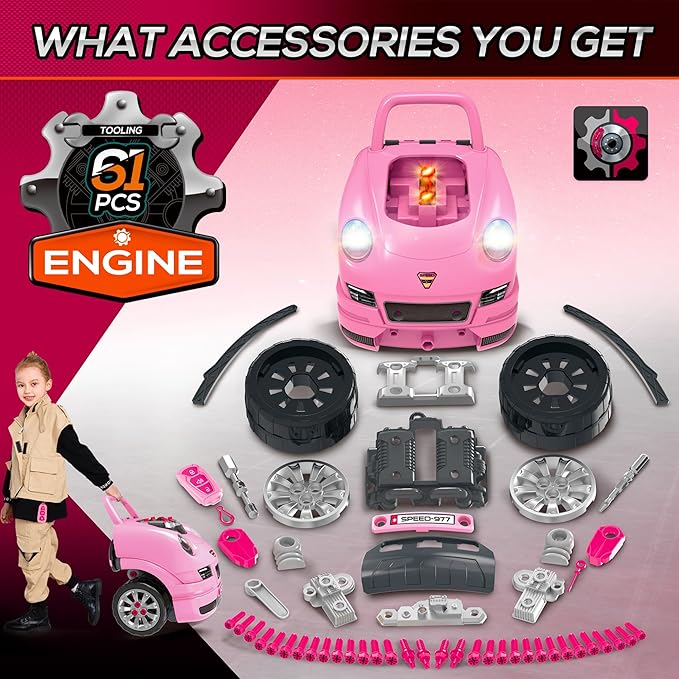 Qaba Truck Engine Toy, Kids Mechanic Set with Lights, Sounds, Steering Wheel and Horn, Pretend Car Service Station Play with 61-Piece Included for Kids Aged 3+, Pink