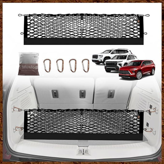 Muslogy Truck Bed Cargo Net Trunk Netting Compatible with 2024-2026 GMC Acadia | Chevy Traverse | 2025+ Buick Enclave Accessories, Pickup Cargo Organizer SUV Sedan Storage Net w/Heavy Duty Carabiners