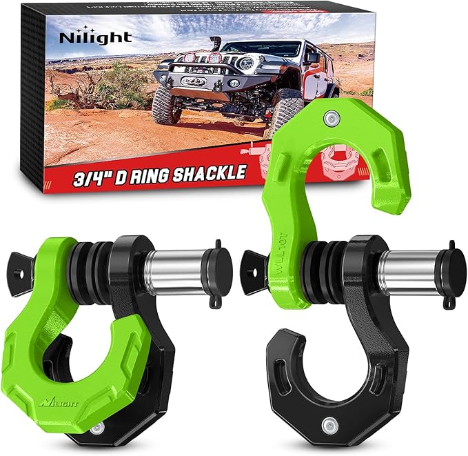 Nilight 2 Pack 3/4" D-Ring Separate Shackle with 7/8" Lock Pin 45,000 lbs Break Strength, Off Road Recovery Shackle with Isolators Washers for Use with Tow Strap, Winch, Truck Vehicle (Black&Green)