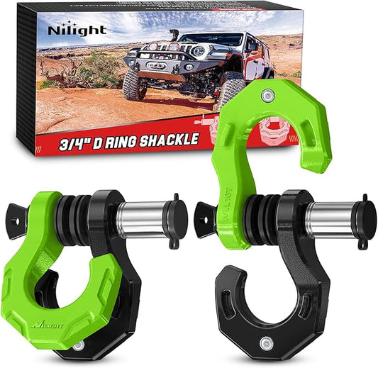 Nilight 2 Pack 3/4" D-Ring Separate Shackle with 7/8" Lock Pin 45,000 lbs Break Strength, Off Road Recovery Shackle with Isolators Washers for Use with Tow Strap, Winch, Truck Vehicle (Black&Green)
