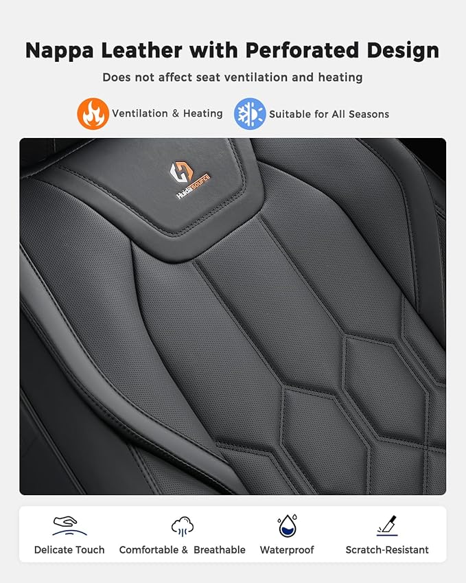 Huidasource Seat Covers Full Set, Universal Fit for Most Cars SUVs Trucks, Full Coverage Leather Car Seat Cover, Airbag, Cupholder Compatible, Seat Function Retain, Velcro Adjustable, Black