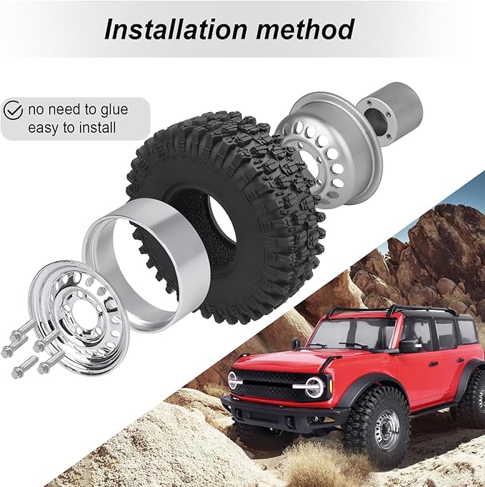 HobbyPark 1.0 Beadlock Wheels and Tires Negative Offset Stamped Steel 1.0" Wheels 1.0 Beadlocks for 1/24 1/18 RC Crawler TRX4M SCX24 FCX24 Upgrades Parts Soft Rubber Good Grip (w/53x19mm Tires)