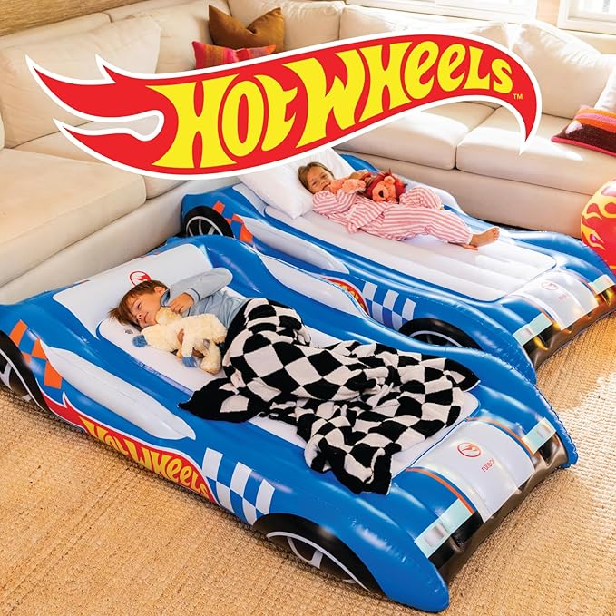 Hot Wheels & FUNBOY Kids Sleepover Bed & Air Mattress. Perfect for Sleepovers. Includes Carrying Storage Bag, Twin