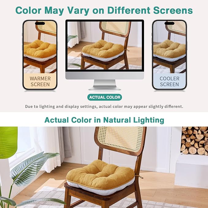 BETU Chair Cushions for Dining Chairs Set of 2,3.5" Thick Kitchen Table Chair Pads with Ties,Non Slip Backing and Covers, Seat Cushion for Dining Room,Bar,Patio Chairs,15.5"X15.5"X3.5",Yellow